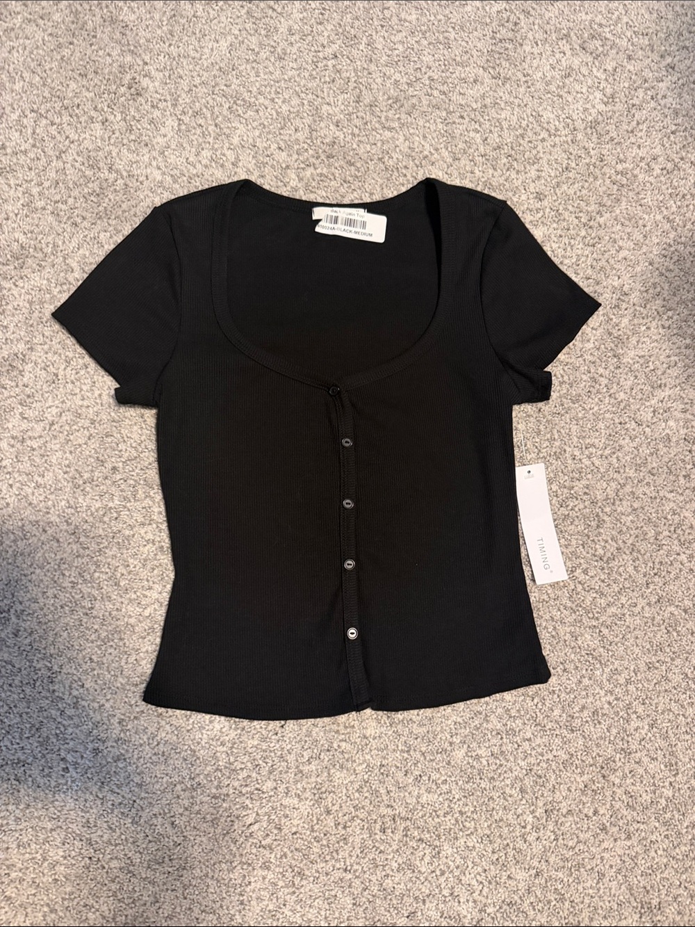 Timing brand Black Scoop Neck Button-Front Ribbed Top